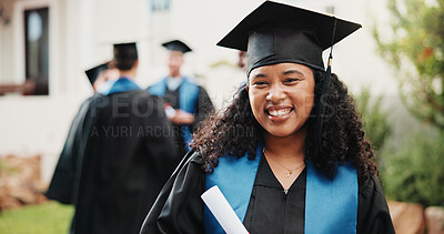 Buy stock photo Happy, student and woman at college for graduation, academic ceremony and education success. Graduate, portrait and person at university for studying, achievement and milestone for scholarship