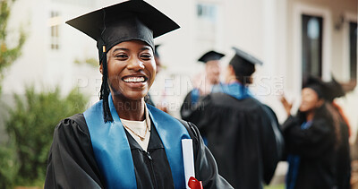 Buy stock photo Education, woman and happy with diploma for graduation, degree ceremony and academic milestone. Portrait, student or smile outdoor for masters qualification event, certificate pride or graduate class