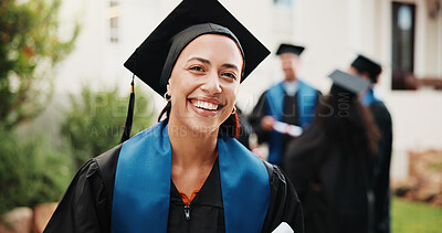 Buy stock photo Education, woman and smile on campus for graduation, diploma ceremony and certification pride. Portrait, student and happy outdoor for masters qualification event, study completion and graduate class