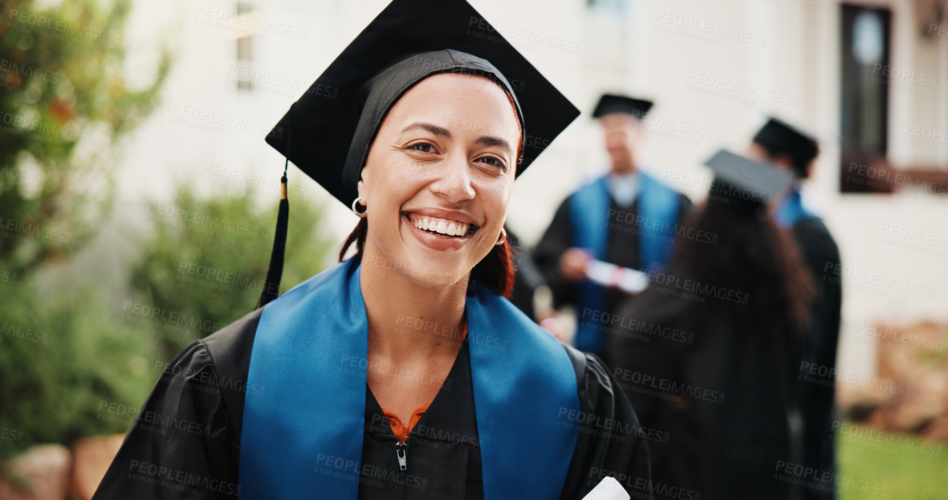 Buy stock photo Education, woman and smile on campus for graduation, diploma ceremony and certification pride. Portrait, student and happy outdoor for masters qualification event, study completion and graduate class