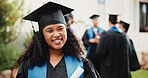 Happy, student and woman on campus for graduation, academic ceremony or education success at college. Graduate, portrait and person at university for studying, achievement and scholarship milestone