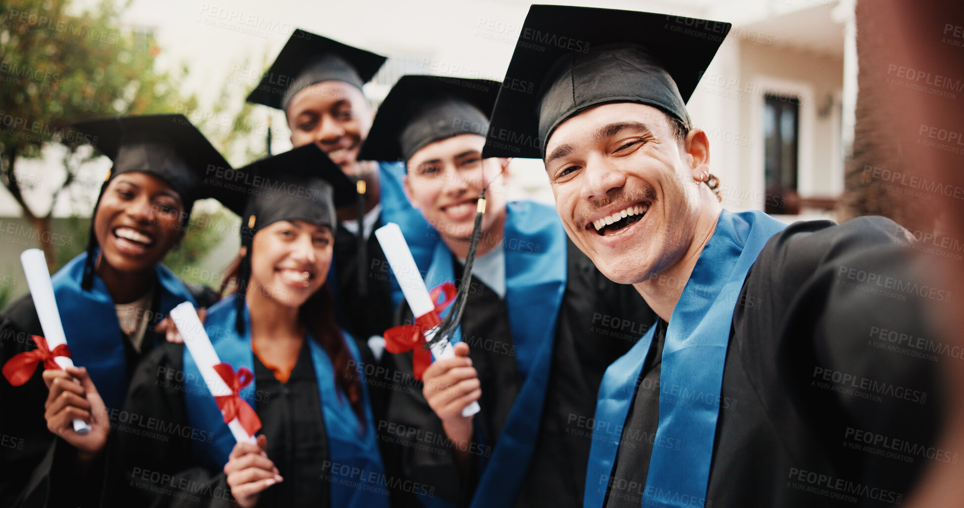 Buy stock photo Class, man and happy with selfie for graduation, degree ceremony memory and social media post. Portrait, graduate students or photo outdoor for masters qualification event, profile picture or excited