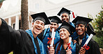 Diploma, class or excited with selfie for graduation, degree celebration or profile picture update. People, graduate student or photo outdoor for masters ceremony memory, social media post or friends