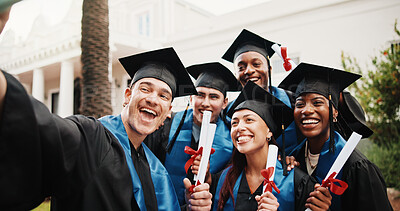 Buy stock photo Diploma, class or excited with selfie for graduation, degree celebration or profile picture update. People, graduate student or photo outdoor for masters ceremony memory, social media post or friends