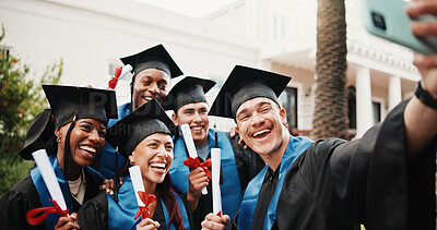 Buy stock photo Diploma, friends and excited with selfie for graduation, degree celebration or social media post. People, graduate class and photo outdoor for masters ceremony memory, profile picture update or pride