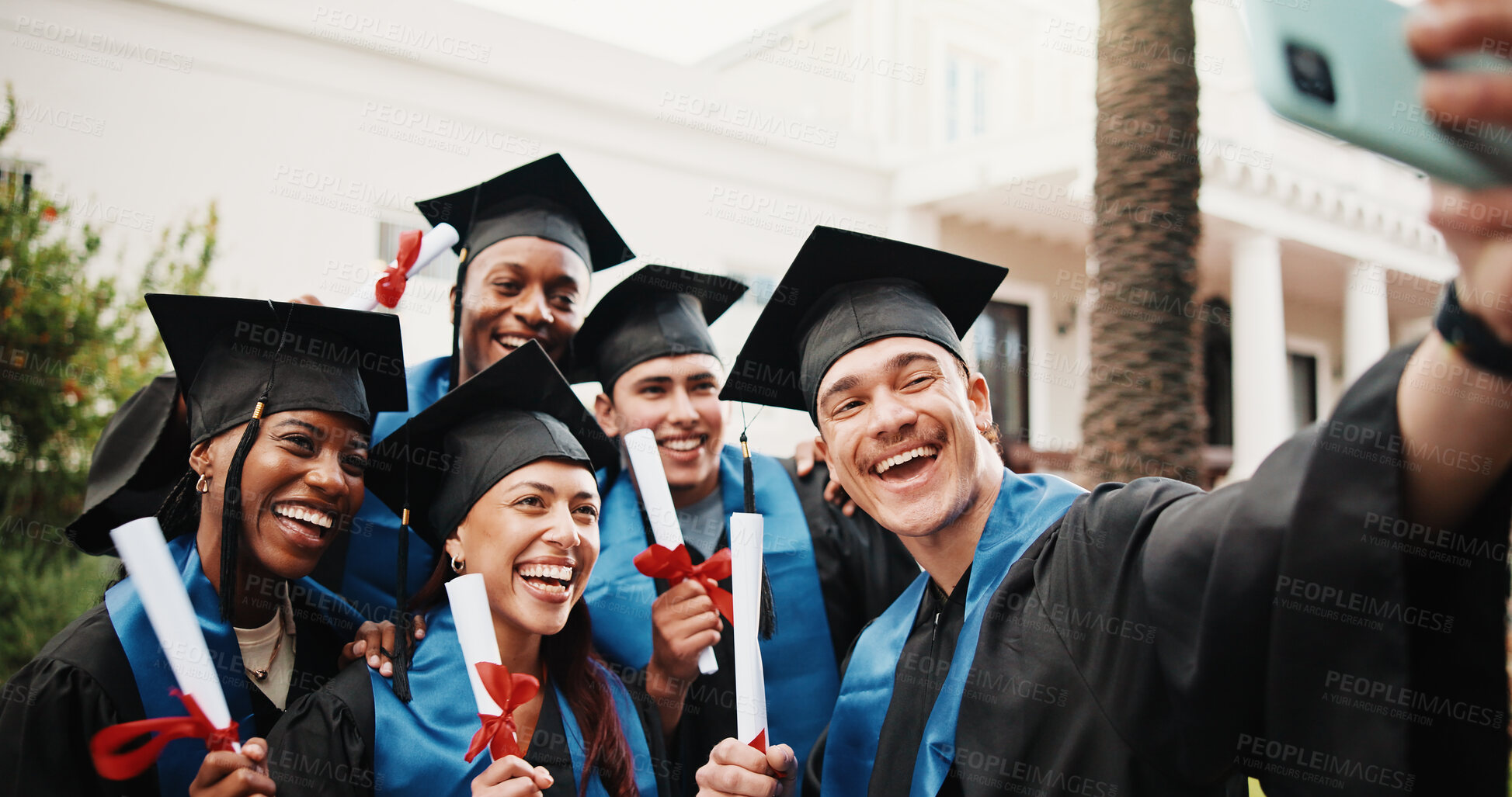 Buy stock photo Diploma, friends and excited with selfie for graduation, degree celebration or social media post. People, graduate class and photo outdoor for masters ceremony memory, profile picture update or pride