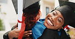 Woman, students and hug at campus for graduation, event and congratulations for degree completion. Smile, friends and embrace graduate with college diploma, accolade award and learning accomplishment