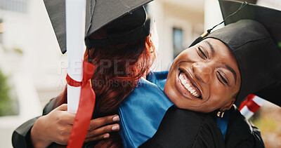 Buy stock photo Woman, students and hug at campus for graduation, event and congratulations for degree completion. Smile, friends and embrace graduate with college diploma, accolade award and learning accomplishment