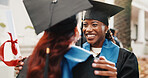 Smile, students and hug at campus for graduation, event and congratulations for degree completion. Happy, women and embrace graduate with college diploma, accolade award and learning accomplishment