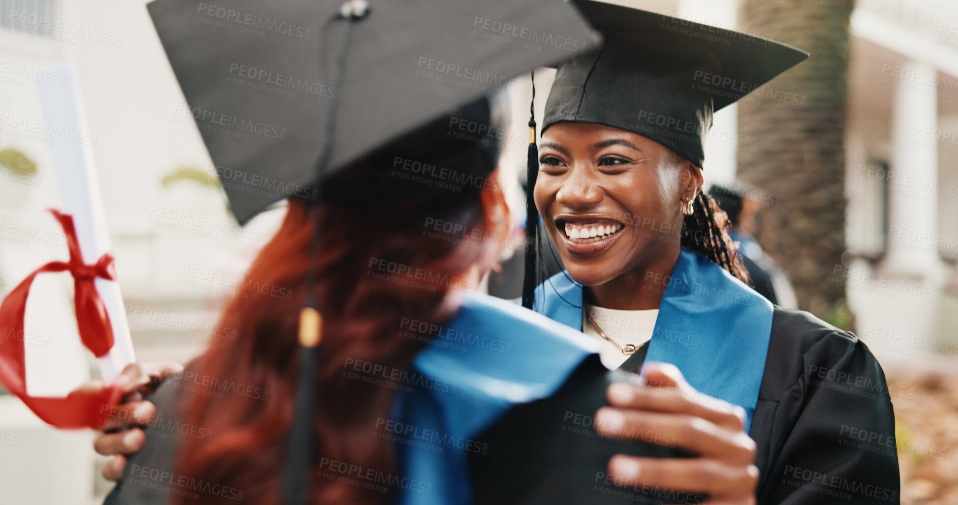 Buy stock photo Smile, students and hug at campus for graduation, event and congratulations for degree completion. Happy, women and embrace graduate with college diploma, accolade award and learning accomplishment