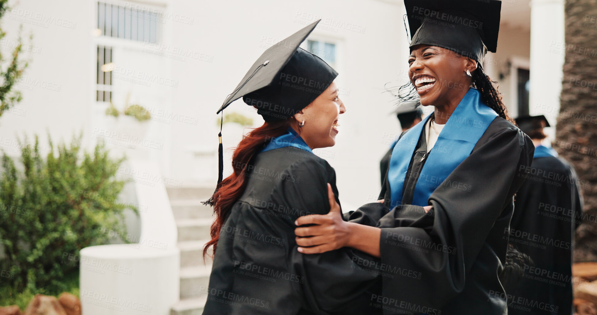Buy stock photo Woman, students and smile at campus for graduation, event and congratulations for degree completion. Friends, laugh and hug classmate with college diploma, accolade award and learning accomplishment