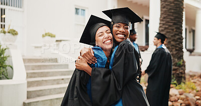 Buy stock photo Woman, students and hug outdoor for graduation, event and congratulations for degree completion. Smile, friends and embrace graduate with college diploma, accolade award and learning accomplishment