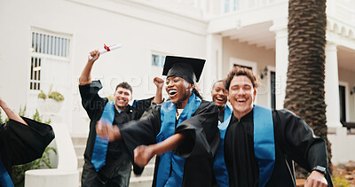 Buy stock photo Excited, woman and friends with celebration for graduation, degree ceremony and academic success. Cheering, students and happy outdoor for masters qualification, study achievement and graduate class