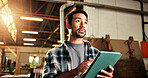 Thinking, man and carpenter in workshop with tablet, research and timber inventory for production. Flare, person and digital at warehouse for carpentry, inspection report and manufacturing furniture