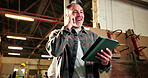 Carpentry, tablet or man in factory with phone call, design approval or good news in online chat. Happy, digital or mature artisan with tech, positive feedback or project agreement in communication.