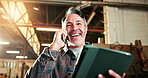 Carpentry, tablet or man in warehouse with phone call, design approval or good news in online chat. Happy, digital or mature artisan with tech, positive feedback or project agreement in communication