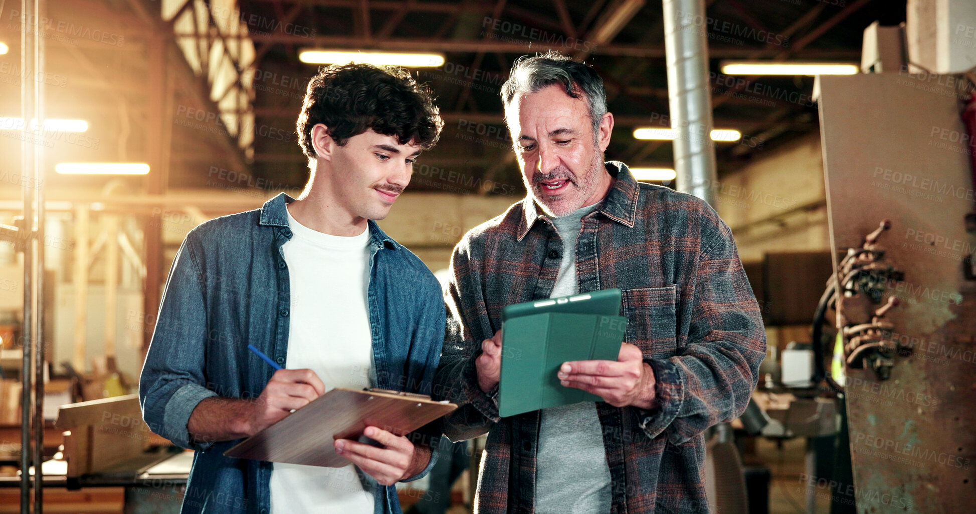 Buy stock photo Carpenter, people and talk in workshop with tablet, timber manufacturing and checklist for project. Manager, team and discussion in factory with tech, lumber production plan and clipboard for notes.