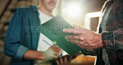 Buy stock photo Hands, carpenter and team in workshop with tablet, research and inventory for production. Flare, people and digital at warehouse for carpentry, supply chain and collaboration of manufacturing project