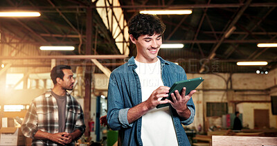 Buy stock photo Happy, man and carpenter in workshop with tablet, research and timber inventory for production. Person, reading and digital at warehouse for carpentry, inspection report and manufacturing furniture