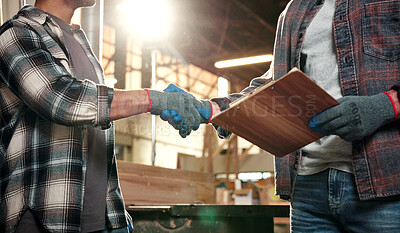 Buy stock photo Team, handshake and men together for woodwork, lumberjack and clipboard for production agenda. People, shaking hands and collaboration on project for carpentry, industrial and success in workshop