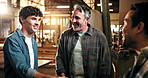 Woodworking, team and handshake with men in workshop, greeting or discussion with client in meeting. Carpenter, conversation and shaking hands for furniture production, happy people and agreement