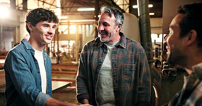 Buy stock photo Woodworking, team and handshake with men in workshop, greeting or discussion with client in meeting. Carpenter, conversation and shaking hands for furniture production, happy people and agreement