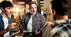 Woodworking, team and men with tablet in workshop, manufacturing and planning for design on website. Carpenter, manager and people with tech, conversation and collaboration for furniture production