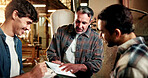 Carpenter, manager and meeting in workshop with tablet, explain furniture design or woodwork project. Boss, people and discussion in factory with tech, carpentry designer and plan for manufacturing.