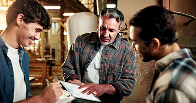 Buy stock photo Carpenter, manager and meeting in workshop with tablet, explain furniture design or woodwork project. Boss, people and discussion in factory with tech, carpentry designer and plan for manufacturing.