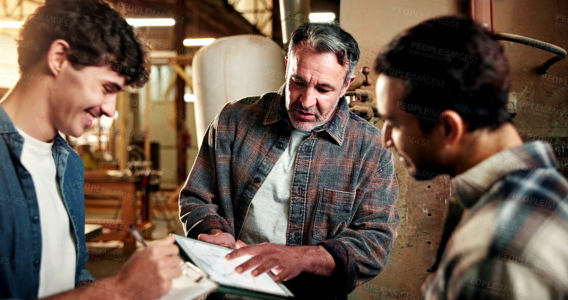 Buy stock photo Carpenter, manager and meeting in workshop with tablet, explain furniture design or woodwork project. Boss, people and discussion in factory with tech, carpentry designer and plan for manufacturing.