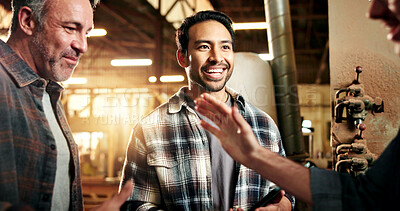 Buy stock photo Carpenter, people and handshake in workshop with deal, trust and welcome to manufacturing operations. Happy, men and carpentry in factory with project meeting, shaking hands and team collaboration.
