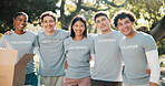 Volunteer, team and people with box in park for outreach program, community service and welfare. Portrait, outdoor and men and women with package for food drive, donation and charity event for ngo
