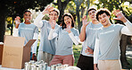 Group, portrait and volunteer with wave in park for outdoor outreach, donation or community service. Excited, people or NGO team with smile for charity mission, food giveaway or support in nature