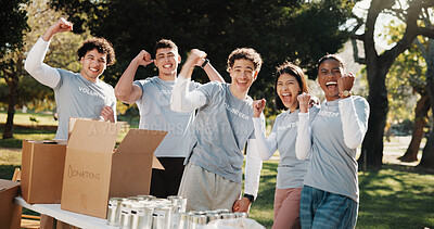 Buy stock photo Group, volunteer and winning with success in park for outdoor outreach, donation or charity. Happy people, activist or NGO team with portrait, fist pump or unity for community service or achievement