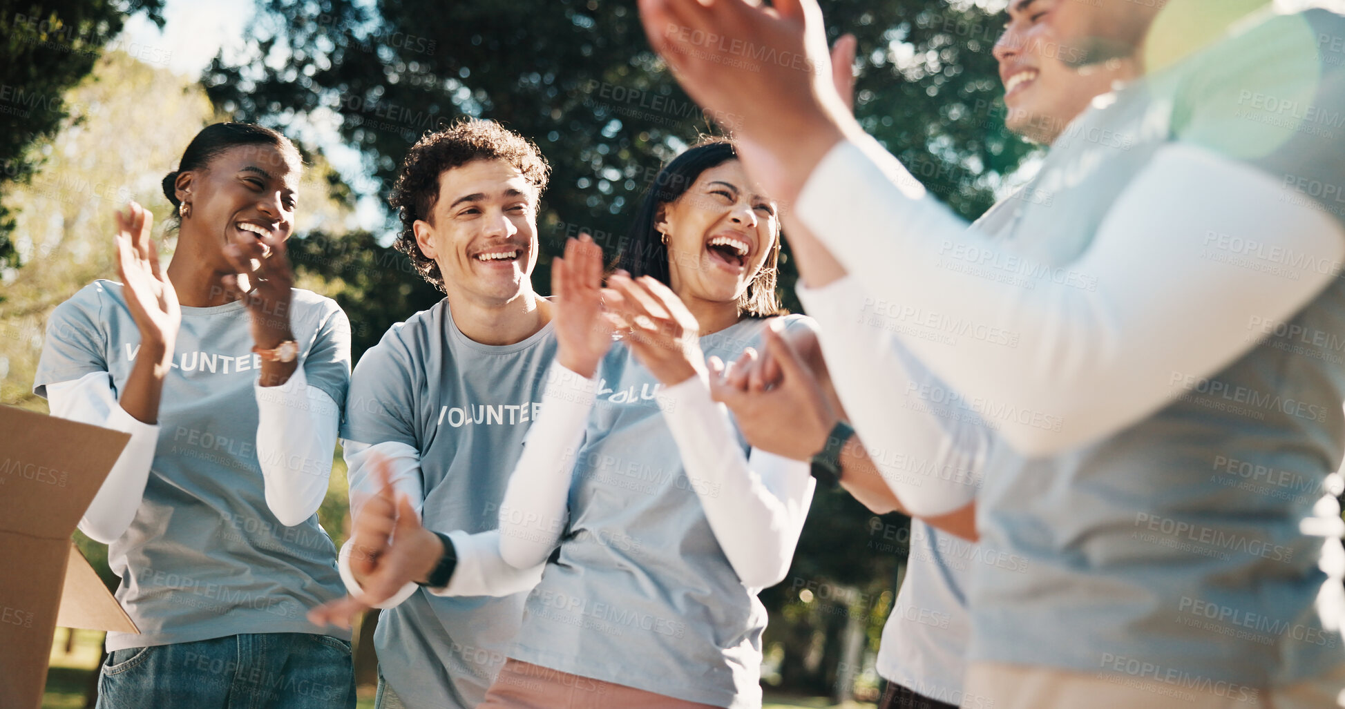 Buy stock photo Group, volunteer and happy people with applause in park for outdoor success, outreach or victory. Excited, community service and clapping with smile for donation achievement or charity together