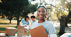 Volunteer, happy and woman with clipboard in park for outreach program, community service or welfare. Portrait, outdoor and person with team for food drive, donation and charity for ngo campaign