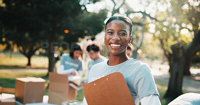 Buy stock photo Volunteer, happy and woman with clipboard in park for outreach program, community service or welfare. Portrait, outdoor and person with team for food drive, donation and charity for ngo campaign