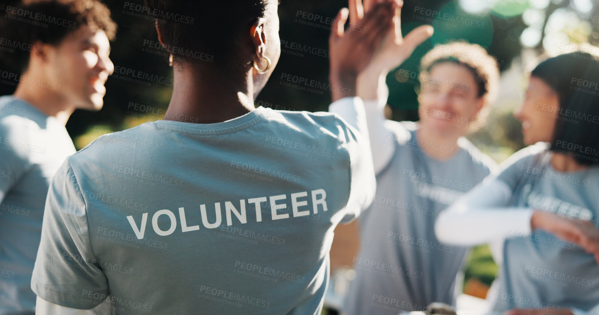 Buy stock photo Volunteer, team and park with high five for outreach success, charity or winning together in nature. Happy, NGO group or people with smile for achievement, community service mission, support or unity