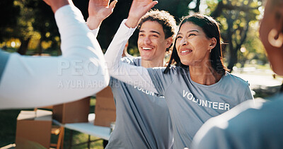 Buy stock photo Volunteer, group and park with high five for outreach success, charity or winning together in nature. Happy, NGO team or people with smile for achievement, community service mission, support or unity