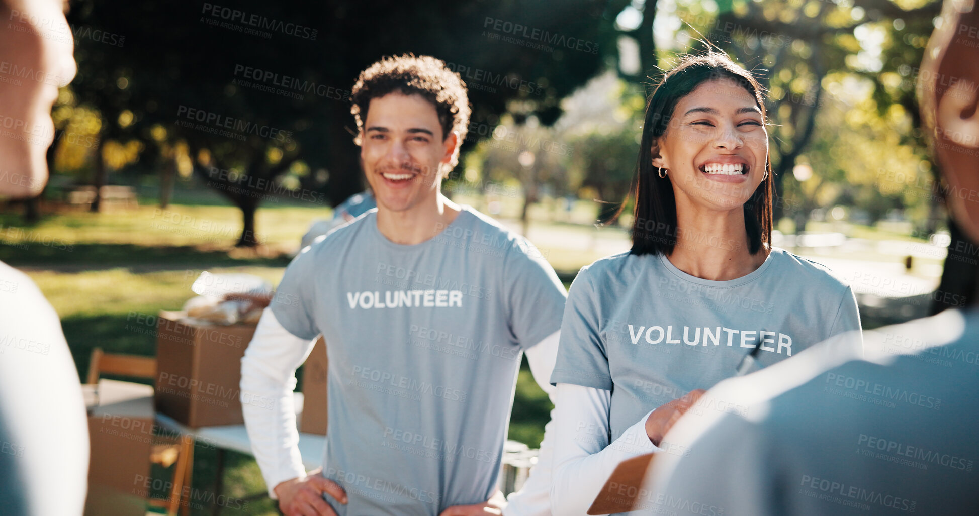 Buy stock photo Volunteers, talk and laugh with donation, outdoor and bonding with friends or social responsibility. Happy people, discussion and community service at park, nonprofit and collaboration for project