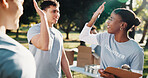 Volunteer, teamwork and people outdoor for high five, clipboard and grocery quota for donation. Park, happy and men with women celebrate for food drive, collection success or aid for charity outreach