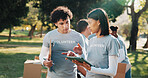 Volunteer, tablet and people with clipboard for talking, planning and grocery list for donation. Outdoor, tech and woman with team, checklist and inventory for food drive, aid and charity outreach