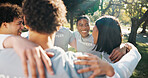 Volunteer, group and park in circle for outreach, charity or community service together in nature. Happy, NGO team or people in huddle with smile or trust for solidarity, support or social cohesion