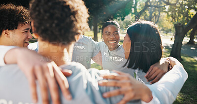 Buy stock photo Volunteer, group and park in circle for outreach, charity or community service together in nature. Happy, NGO team or people in huddle with smile or trust for solidarity, support or social cohesion