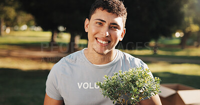 Buy stock photo Volunteer, man and smile at park for plant restoration, eco advocate and ngo for green initiative. Non profit, person or leaves portrait for community greening, environment outreach or climate action