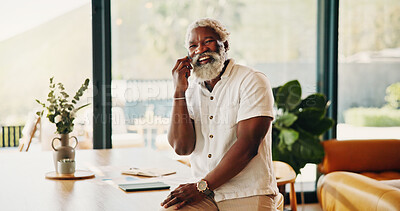 Buy stock photo Phone call, portrait and smile with old man in home for banking update, account review and contact. Communication, retirement budget and audit balance with African person for finance planning