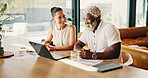 Finance, happy and interracial couple in home with laptop, savings check and forecast in budget plan. Smile, digital and mature people with tech, wealth management and review of online investment.