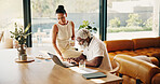 Finance, reading or interracial couple in home with laptop, savings check or forecast in budget plan. Digital, bills and mature people with tech, wealth management and review of online investment.