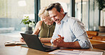 Man, couple and excited with laptop in home for insurance payout, loyalty reward and good news. Marriage, mature people and laugh with tech for positive credit score, savings goal or finance security