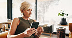Phone, home and mature woman with credit card, online shopping and purchase for website sale. Ecommerce, sofa and person on cellphone for banking app, transaction and payment for digital subscription